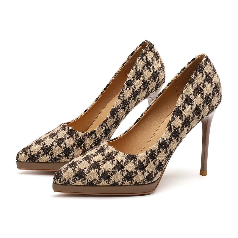 Beige Houndstooth Pointed Stiletto