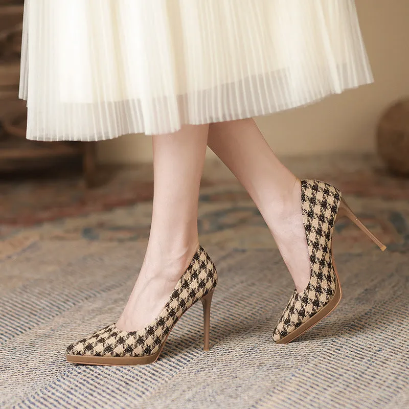 Beige Houndstooth Pointed Stiletto