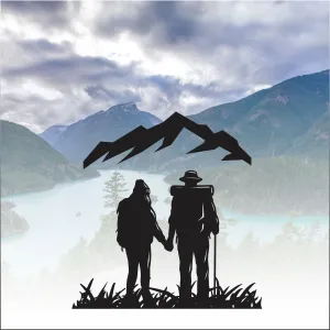 Couple Hiking in Mountains, Standing on Grass Holding Hands