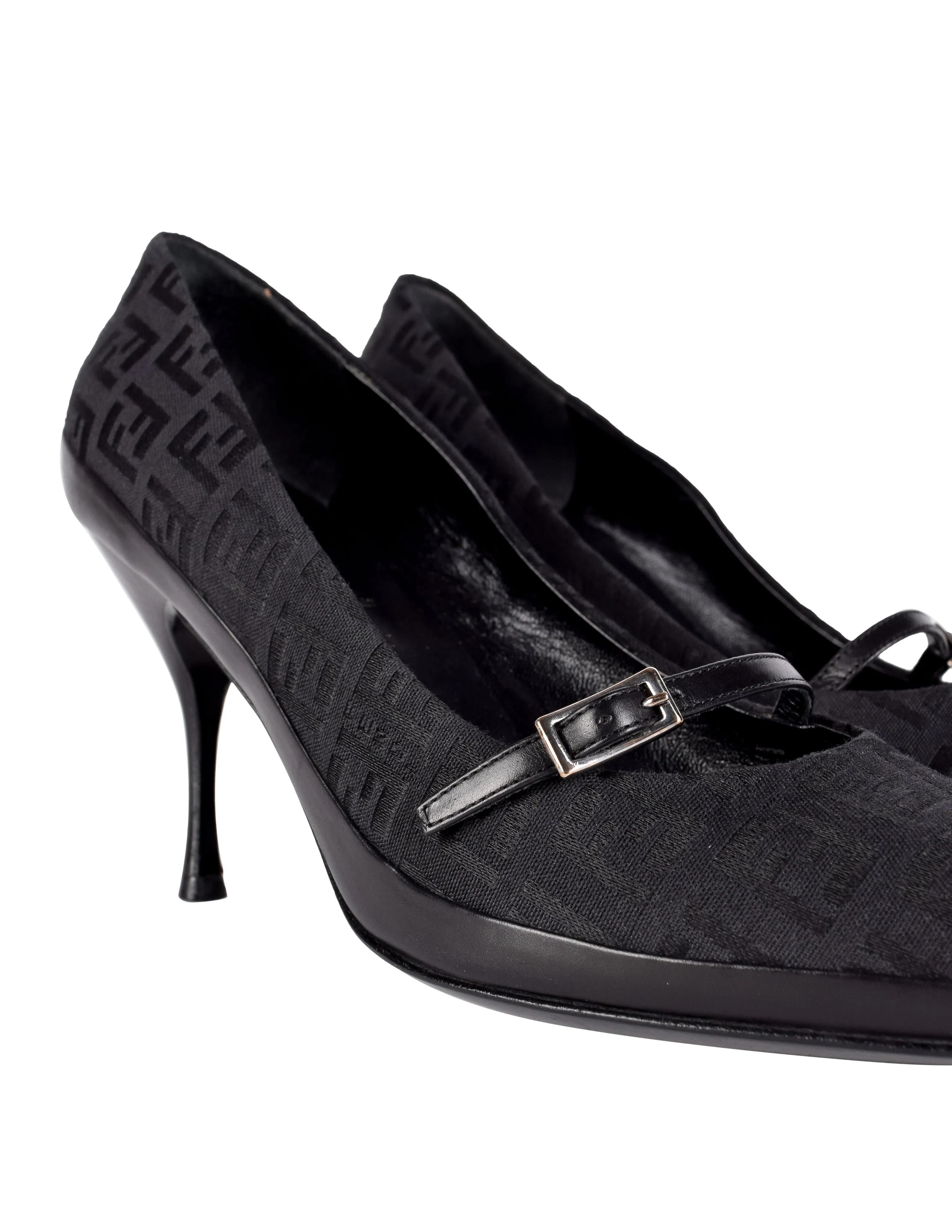 Fendi Vintage Black Zucchino Logo Fabric and Leather Mary Jane Heels