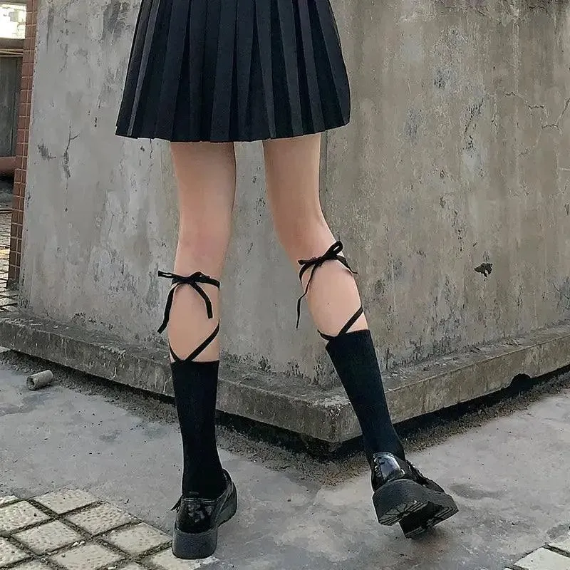 Gothic & Lolita Cross Socks | Knee High Socks with Ribbon Tie