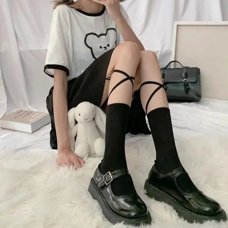 Gothic & Lolita Cross Socks | Knee High Socks with Ribbon Tie