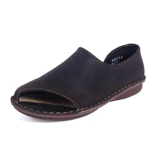 SOCOFY Leather Hollow Out Breathable Peep Toe Soft Flat Shoes